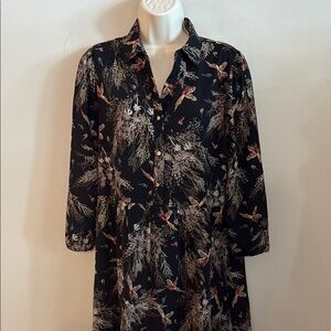 fab'rik Black Botanical & Bird Print Mini Shirt Dress